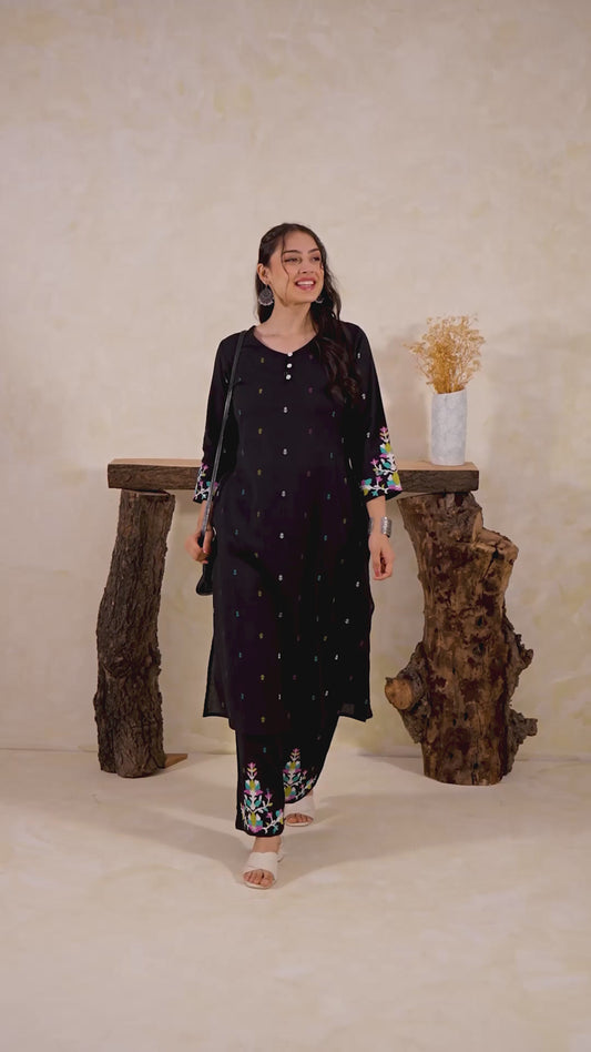 Embroidered Linen cotton Butti A-line Black Kurta