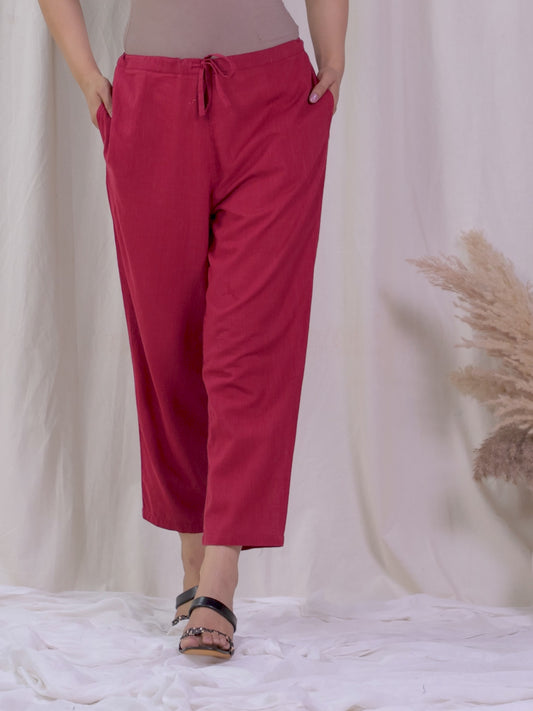 Natural Cotton Solid Maroon Tapered Trousers