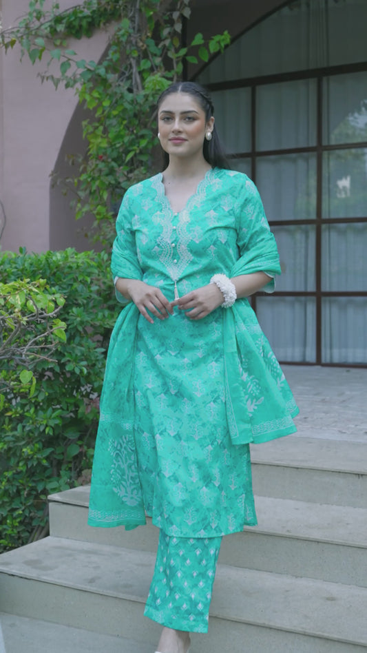 Soft Cotton Geometric Straight Teal Kurta