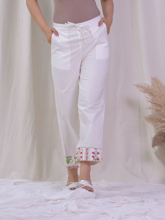 Soft Cotton Solid Off White Straight Straight Trousers