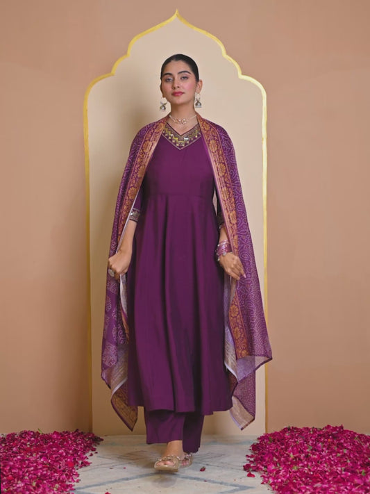 Embroidered Chanderi Solid Flared Purple Kurta