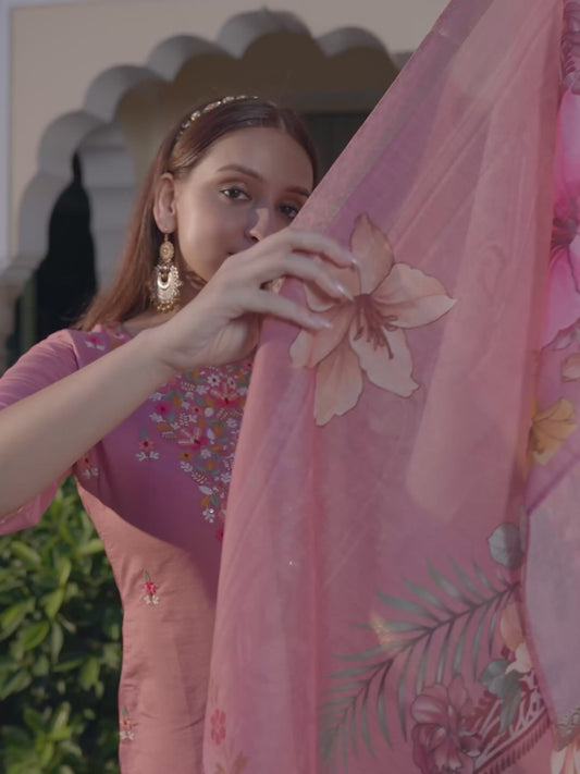 Embroidered Chanderi Solid Straight Pink Kurta