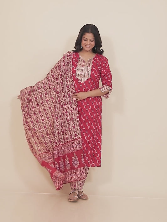 Soft Cotton Block Straight Red Kurta