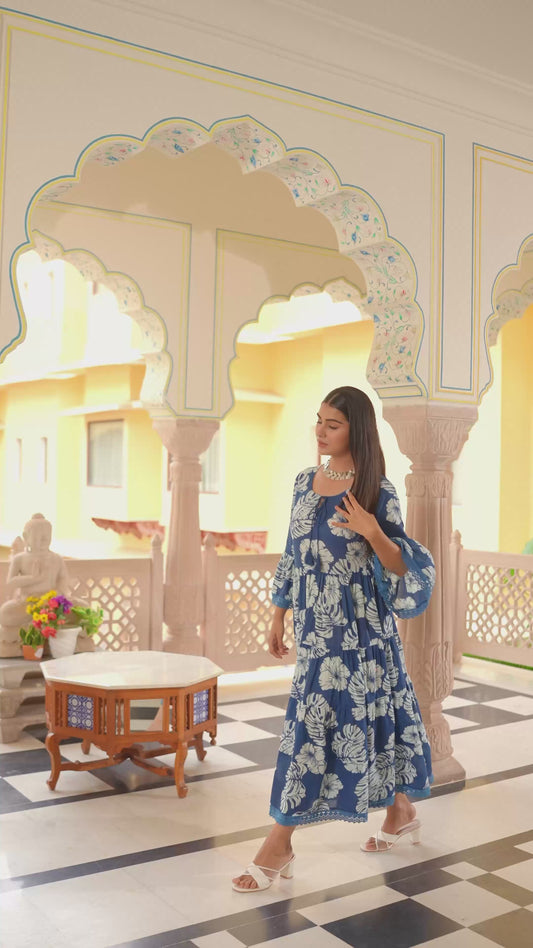 Embroidered Soft Cotton Foliage Tiered Indigo blue Kurta