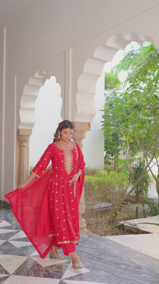 Embroidered Blended Silk Solid Anarkali Red Kurta