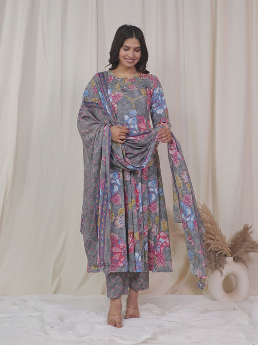 Embroidered Soft Cotton Floral Anarkali Grey Kurta
