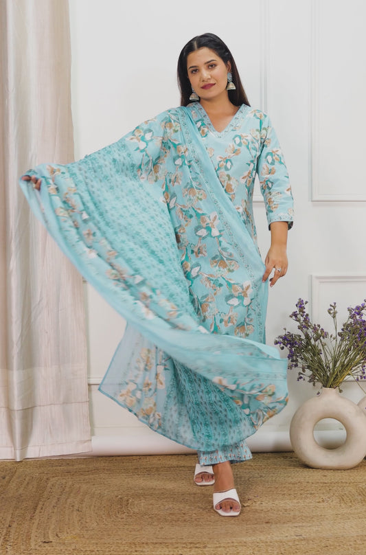Soft Cotton Floral A-line Blue Kurta