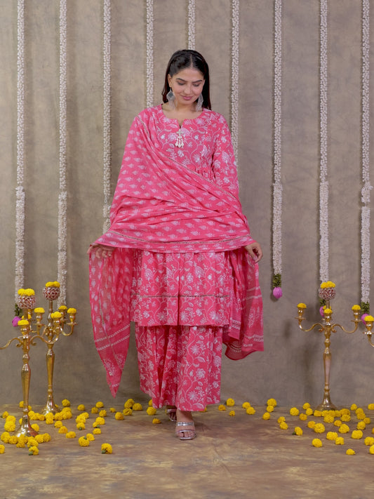 Soft Cotton Floral Flared Pink Kurta