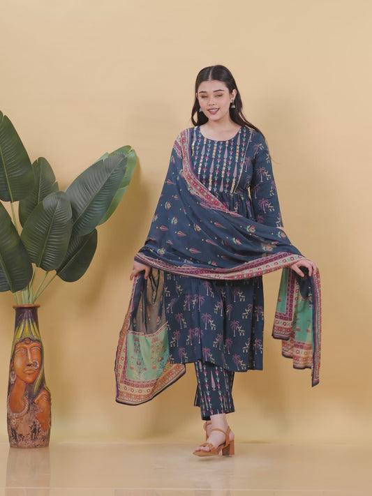Embroidered Soft Cotton Abstract Flared Teal Kurta