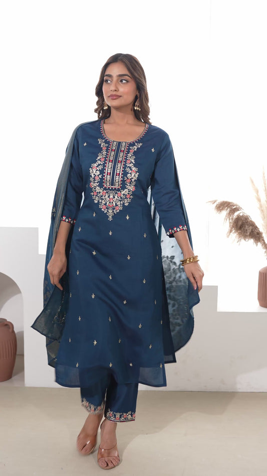 Embroidered Chanderi Solid Straight Teal Kurta