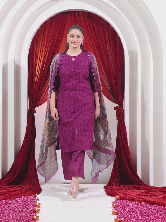 Embroidered Blended Silk Solid Straight Purple Kurta