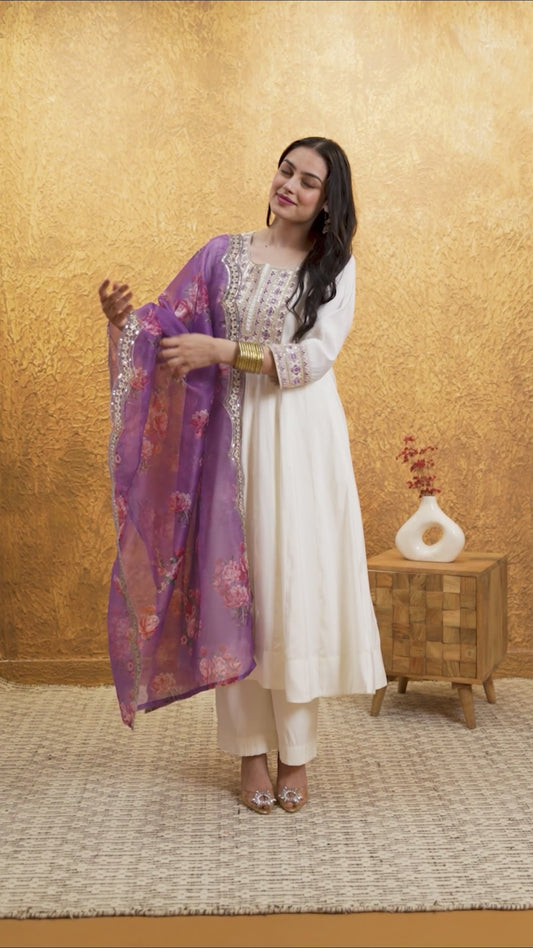Embroidered Chanderi Solid Anarkali White Kurta