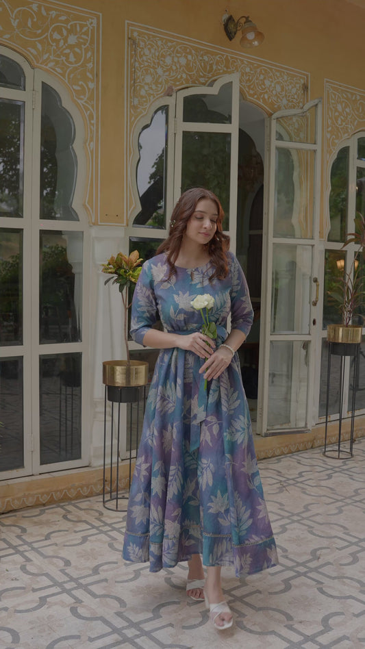 Blended Silk Floral Anarkali Blue Dress