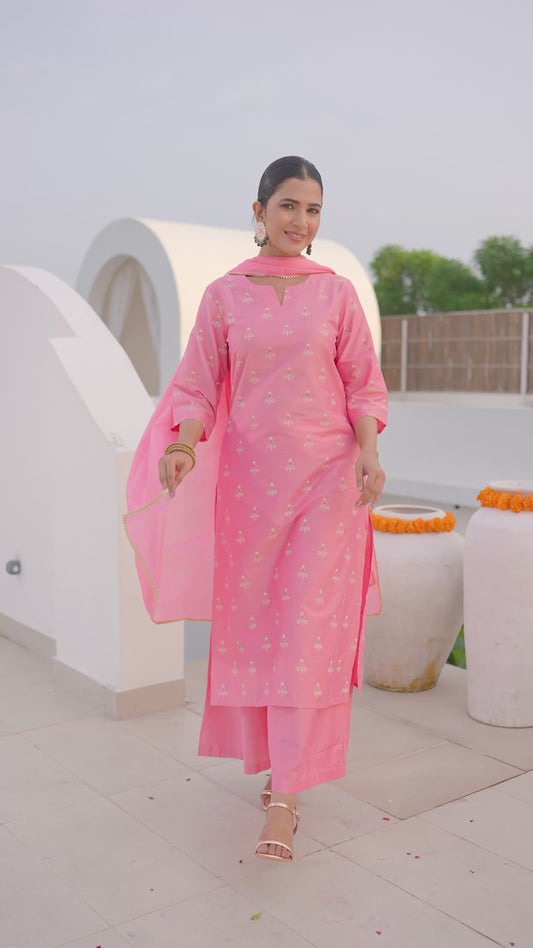 Chanderi Gold foil Straight Pink Kurta