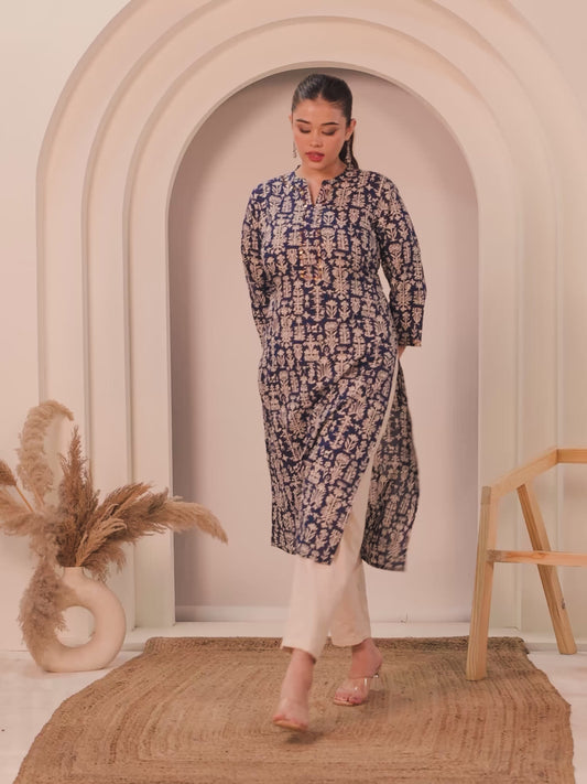 Embroidered Soft Cotton Butta Straight Blue Kurta