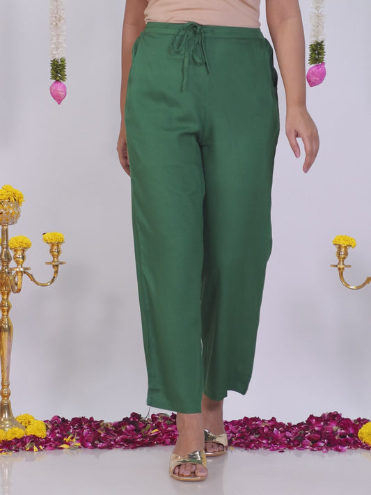 Viscose Solid Green Straight Trousers