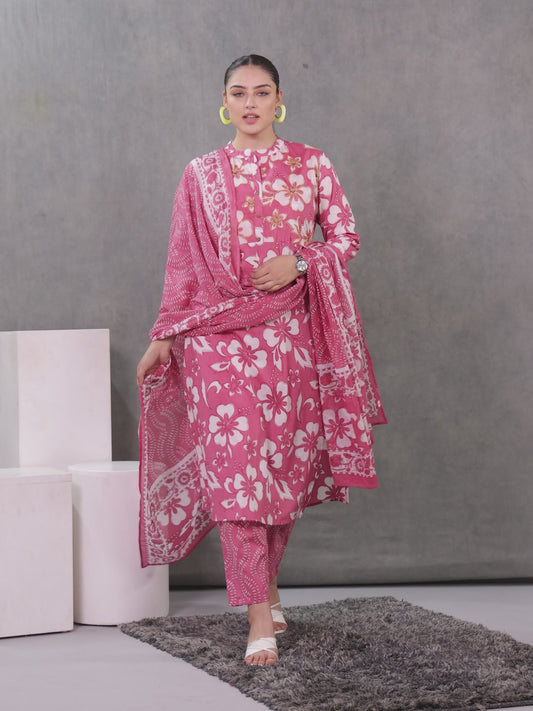 Embroidered Soft Cotton Floral Pink Kurta