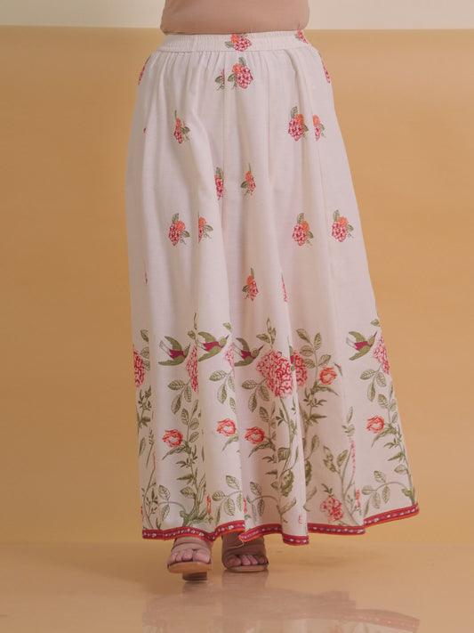 Linen Cotton Floral Off White Skirt