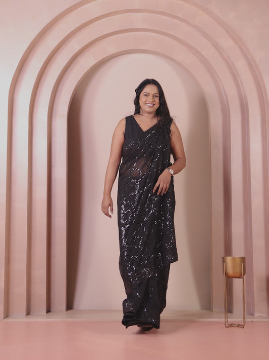 Embroidered Georgette Sequins Solid Black Saree