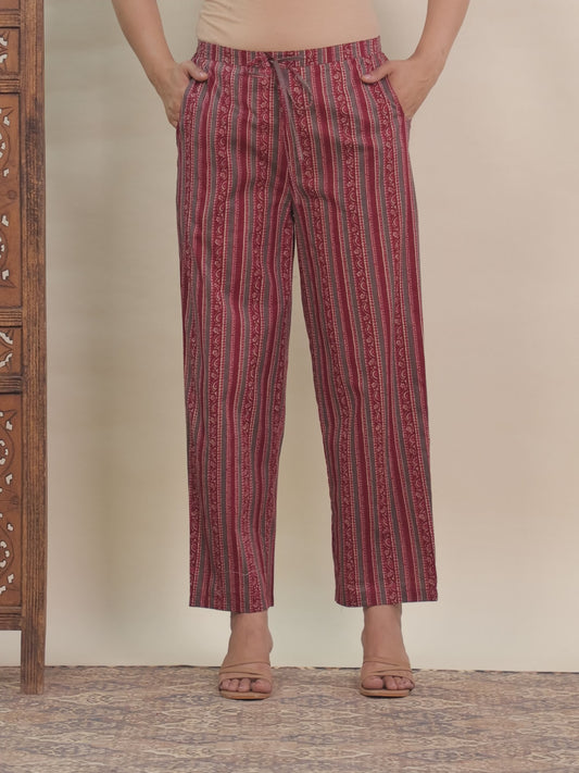 Soft Cotton Striped Maroon Straight Trousers