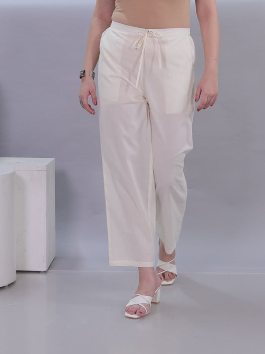 Soft Cotton Solid Off White Straight Straight Trousers
