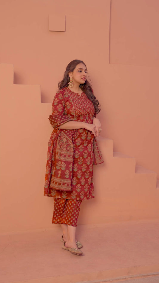 Embroidered Soft Cotton Butti Panelled Rust