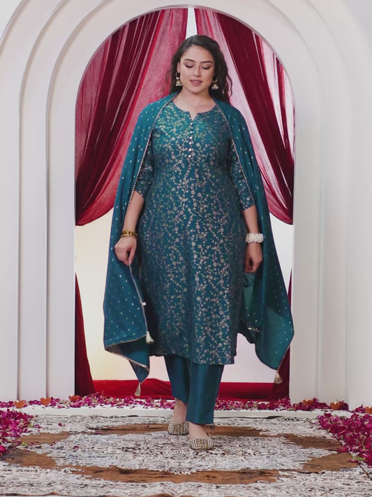 Poly Chanderi Gold foil A-line Blue Kurta