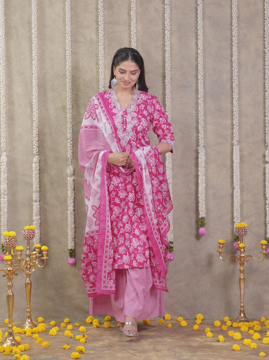 Embroidered Soft Cotton Floral Straight Pink Kurta