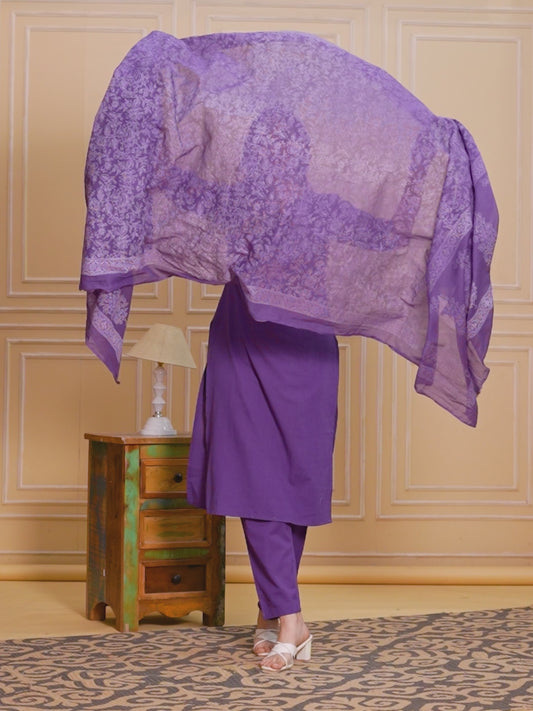 Linen Cotton Solid Straight Purple Kurta