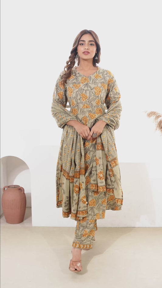 Soft Cotton Floral Anarkali Yellow Kurta