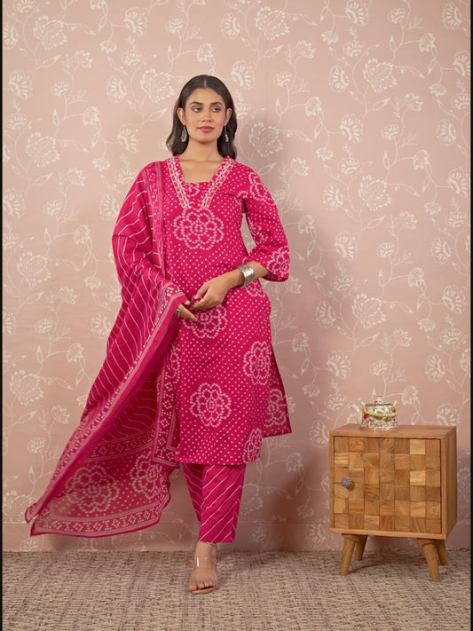 Embroidered Soft Cotton Bandhani Straight Royal Pink Kurta