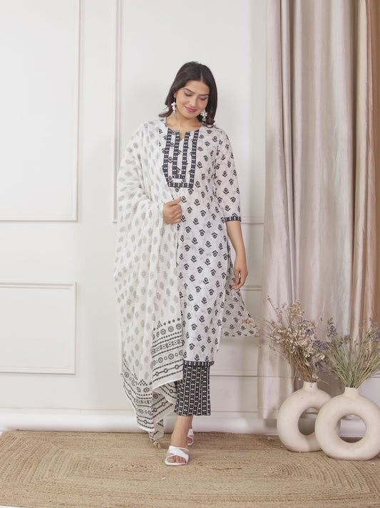 Soft Cotton Ikat Straight White Kurta