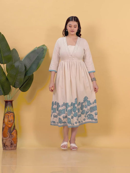 Embroidered Linen Cotton Placement Print Anarkali Off White Dress