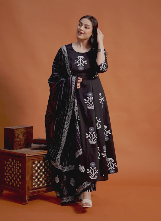Soft Cotton Floral Anarkali Black Kurta