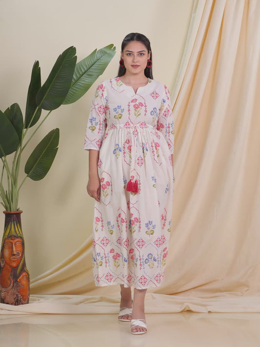 Soft Cotton Geometric Anarkali Off White Dress