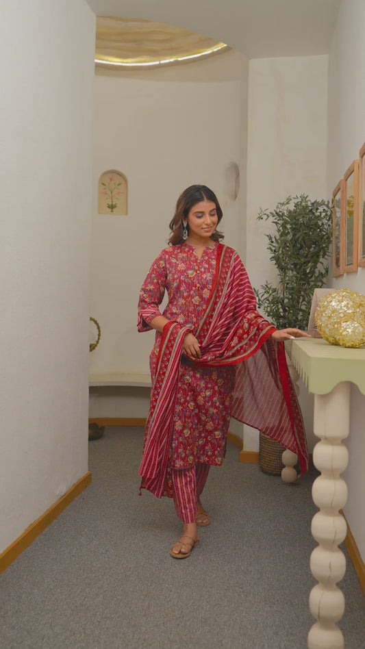 Kantha Cotton Floral Straight Red Kurta