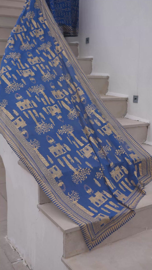 Viscose Gold foil Anarkali Blue Kurta