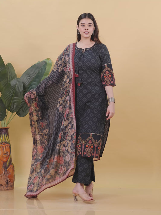 Soft Cotton Floral Straight Black Kurta