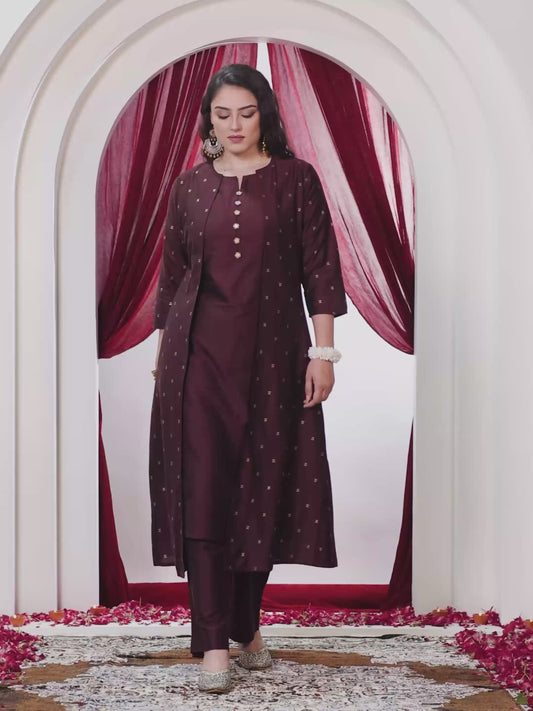 Chanderi Solid A-line Wine Kurta