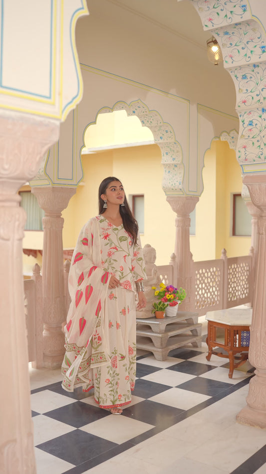 Linen Cotton Floral Straight Off White Kurta