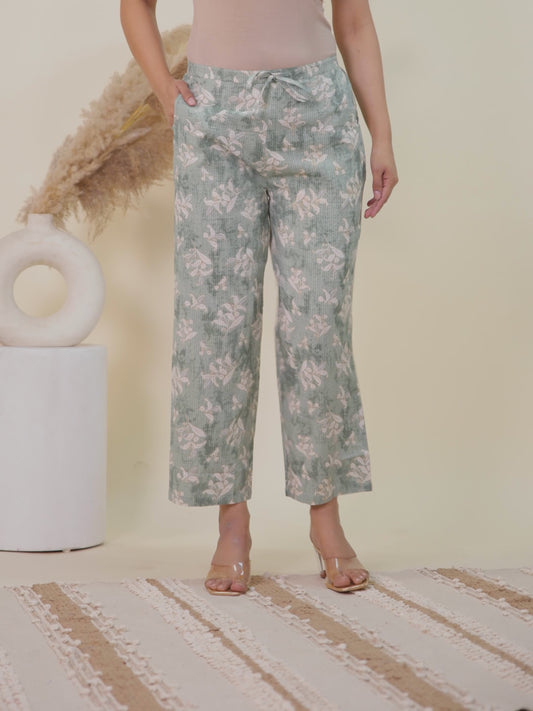 Kantha Cotton Floral Green Straight Trousers