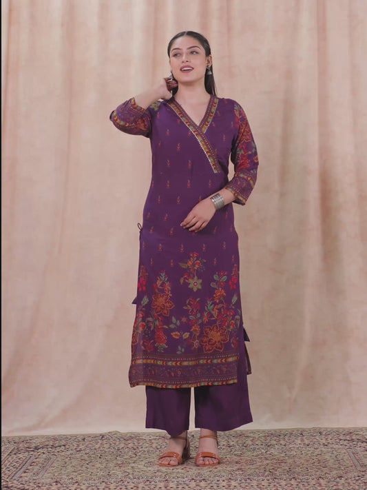 Viscose Placement Print Angrakha Mauve Kurta