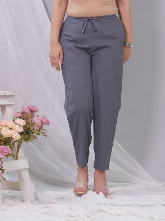 Linen Cotton Solid Grey Tapered Tapered Trousers