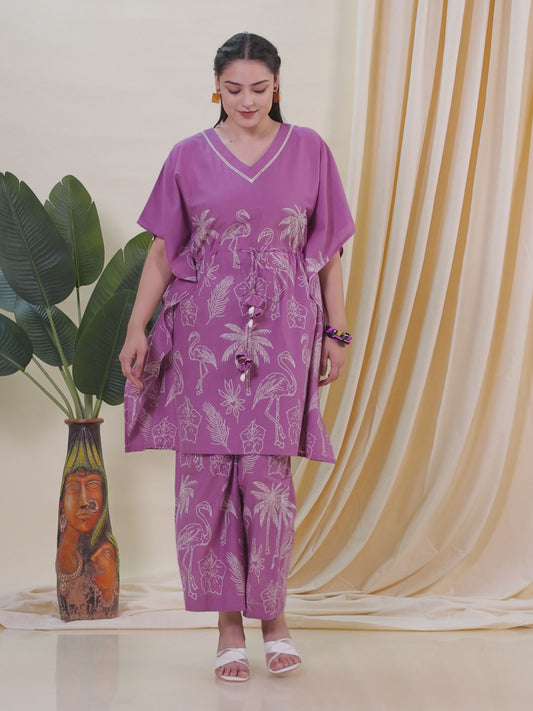 Soft Cotton Placement Print Kaftan Purple Kurta