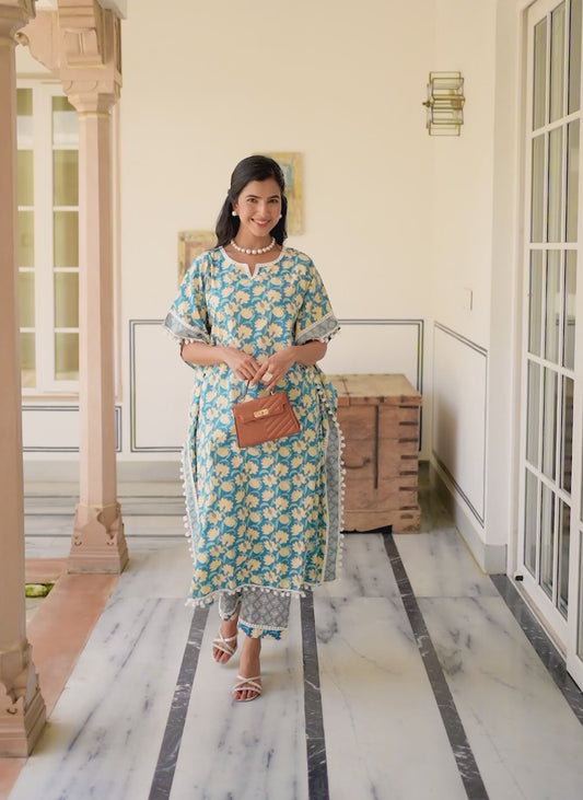 Soft Cotton Floral Kaftan Blue Kurta