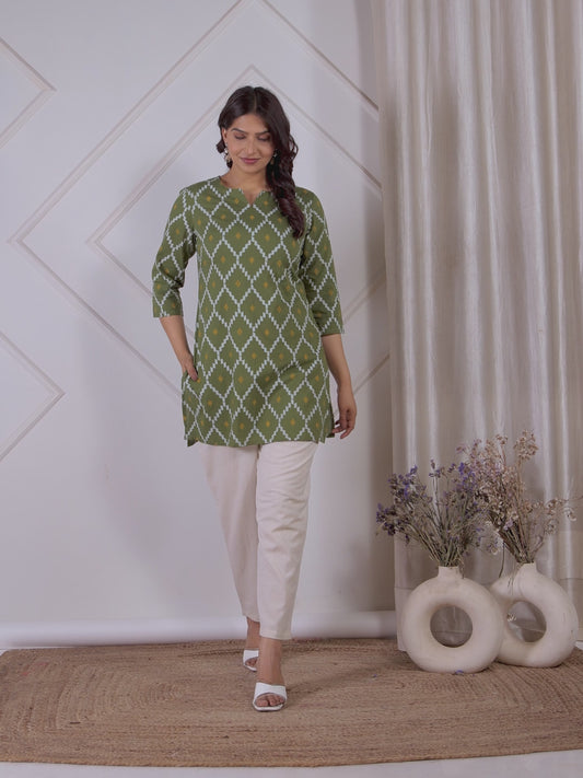 Soft Cotton Geometric Straight Green Kurta