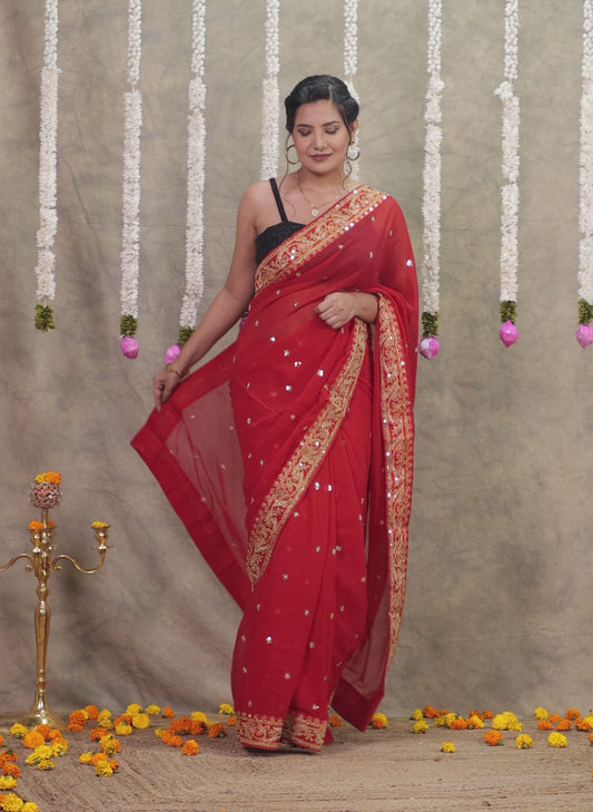 Embroidered Georgette Red Saree
