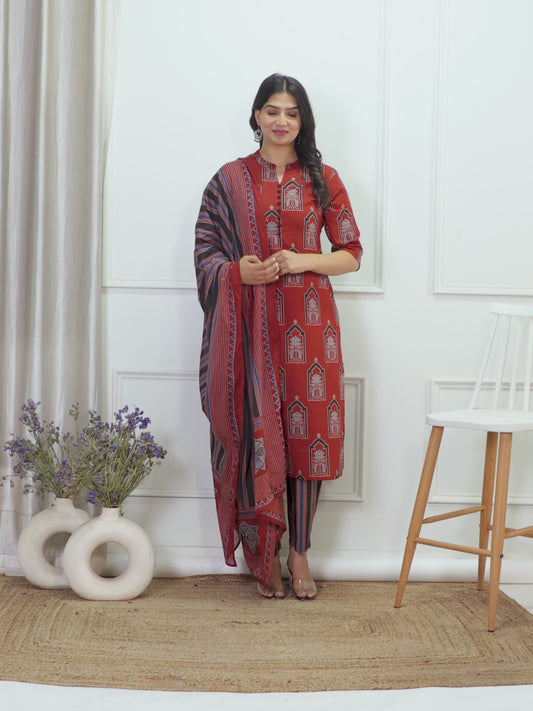 Soft Cotton Ajrakh Red Kurta