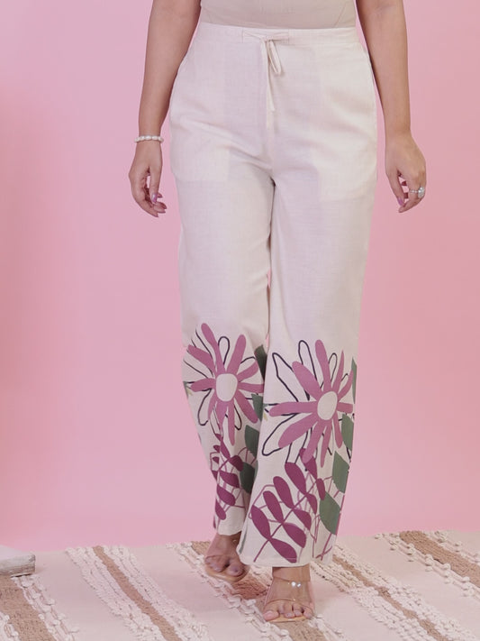 Soft Cotton Placement Print Cream Palazzo