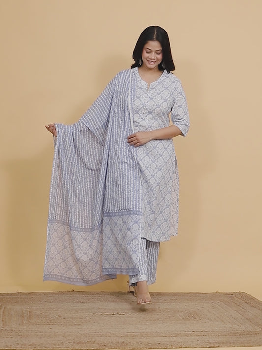 Soft Cotton Gold foil A-line Blue Kurta